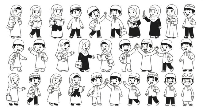 Collection of cartoon children in traditional Islamic attire.