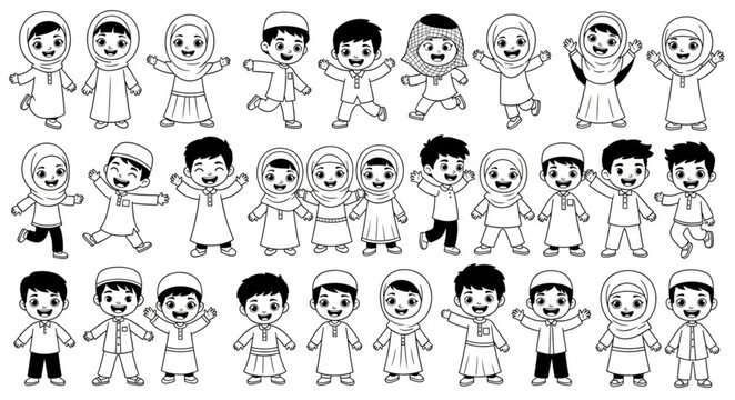 Collection of cartoon children in traditional Islamic clothing.