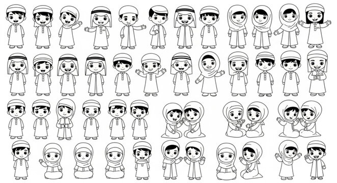 Collection of cartoon drawings of Arab children in traditional attire.