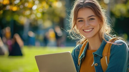 Fototapeta premium A young woman smiling while holding a laptop in a park