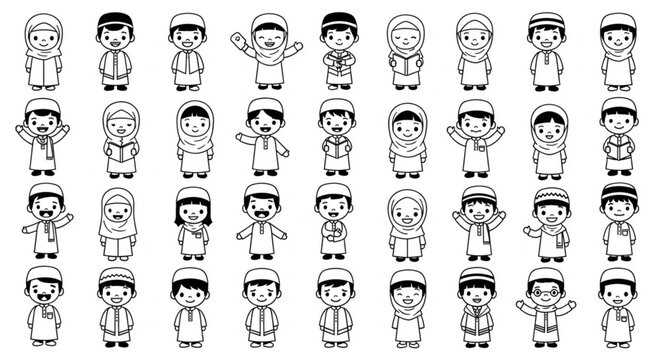 Collection of cartoon illustrations of Arab children in traditional attire.