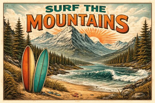 Vintage style hand drawn mountain landscape poster with retro surf design