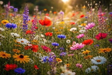 Fototapeta premium Vibrant wildflowers blooming in a natural meadow