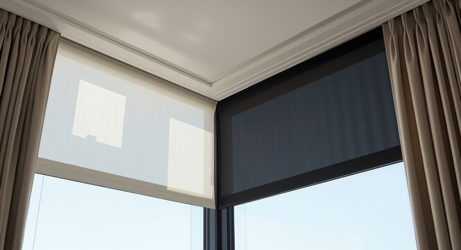 Two layer ceiling mounted curtains with translucent and blackout panels