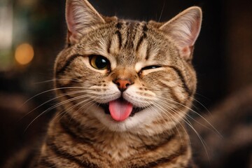 Obraz premium Playful British shorthair tabby cat blinking eyes with tongue out