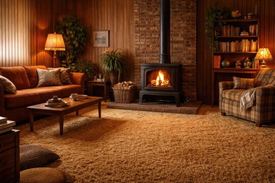 Cozy 70s style living room with wood burning stove and shag carpet featuring copy space