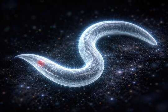 Confocal microscopy imaging of a white 1 millimeter free living nematode with advanced surface rendering software