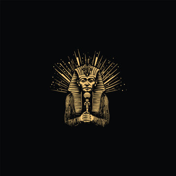 Golden vintage illustration of an Egyptian Pharaoh holding a scepter with radiant light rays on a black background.