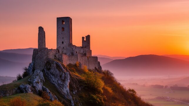 A majestic ruined castle stands atop a rocky hill, bathed in a vibrant sunset glow