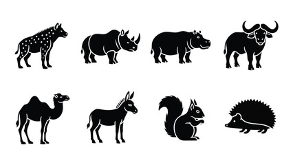 A collection of african wildlife animals including a camel rhino and squirrel presented in a stark silhouette high quality professional detailed © SILHUETTECHEMBER