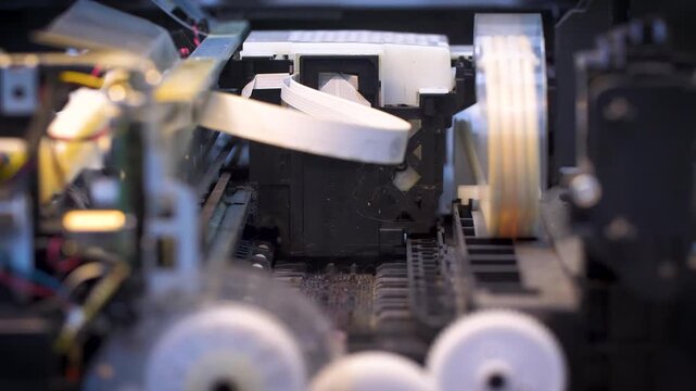 Close up shot the printer nozzle is sliding prepare for operation working 