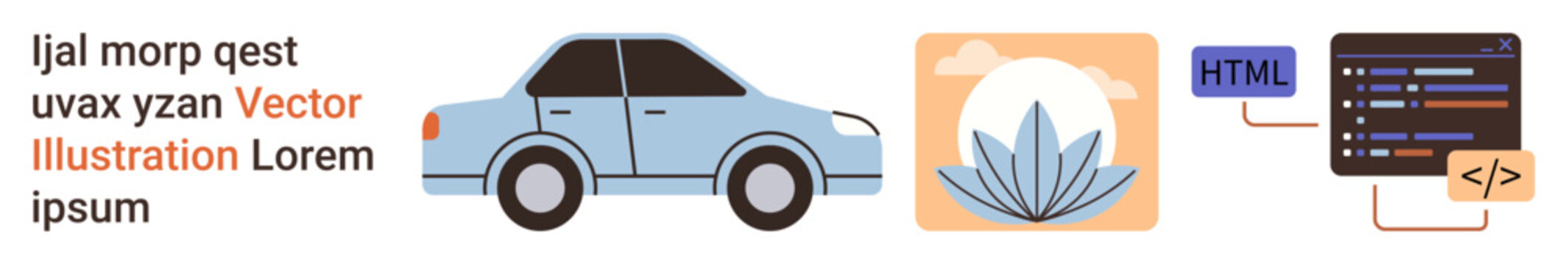 Transportation, ecology, web development, technology, digital design, learning. Blue car, abstract leaf code editor panel. Transportation and ecology visually