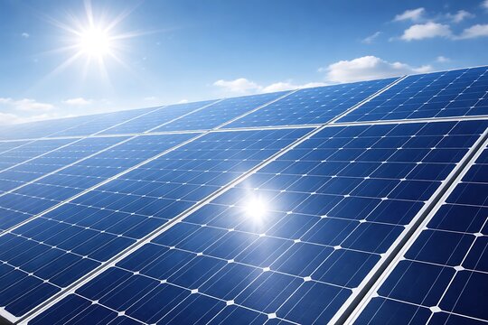 Bright sun shines on an array of blue solar panels generating clean energy under a clear sky.