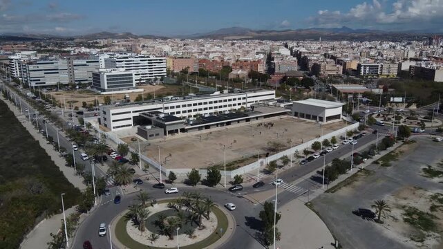 Orbiting around the Vicente Verd&uacute; school with views to the town of Elche, Spain