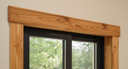Fototapeta premium Vinyl trim with natural wood appearance above a horizontal sliding window
