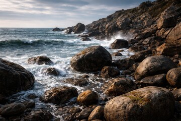 Fototapeta premium Large rocks dispersed along a rugged ocean shore