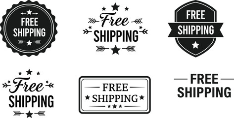 Obraz premium A collection of black and white shipping labels and badges promoting free shipping offers with varied designs and star accents high quality professional