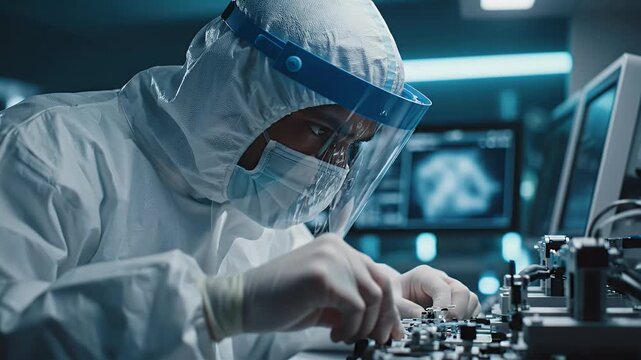 Focused scientist in full PPE, face shield, mask, meticulously working on circuit board in high-tech blue-lit lab, symbolizing precision and tech.