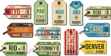 A collection of vintage style luggage tags displays various international airport codes offering a nostalgic travel aesthetic high quality professional detailed modern elegant
