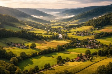 Obraz premium Aerial View of Lush Countryside Valley with Rolling Hills and Fields