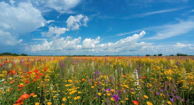 Wide floral field bursting with vibrant colors under pristine sky