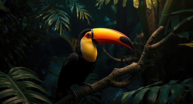 Toucan captured perched among tropical jungle leaves and branches
