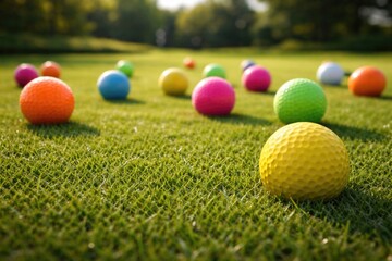 Naklejka premium Vibrant golf balls scattered on a lush putting green at ground perspective