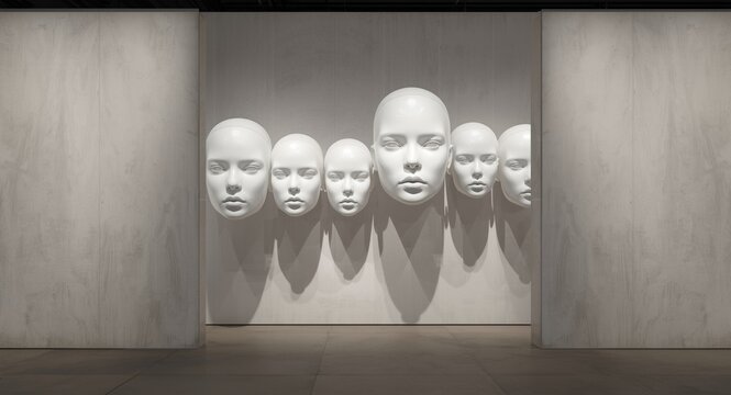Wall installation of white mannequins exhibiting realistic human facial forms