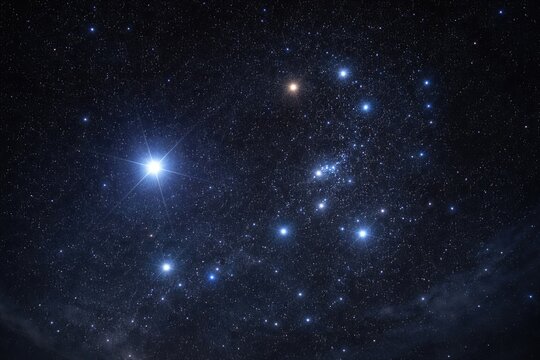Bright Sirius Star and Orion Constellation glowing in a dark night sky