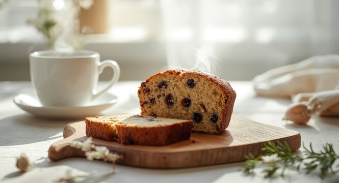 Freshly baked raisin pound cake ideal for morning coffee moments