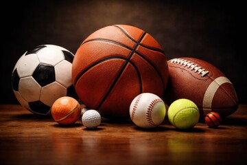 Obraz premium Various sports balls arranged on smooth wooden surface with dark background