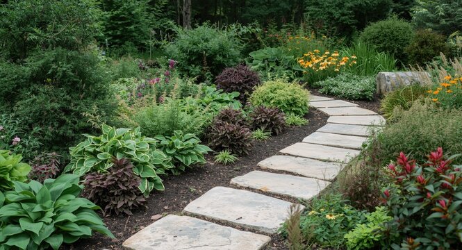 Stone Pathway Framing a Flourishing Garden Border Filled with Hostas and Astilbe