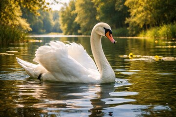 Fototapeta premium White swan gliding gracefully on a serene summer lake