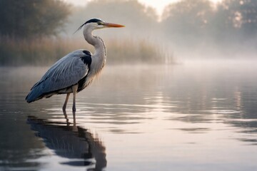 Naklejka premium Gray Heron Standing on Calm Water at Sunrise in Misty Landscape