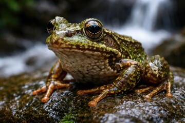 Fototapeta premium Close up of a vibrant cascades frog on a wet rock
