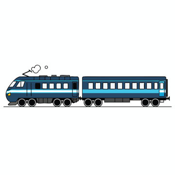 A blue cartoon train with a pantograph and a thought bubble on white background