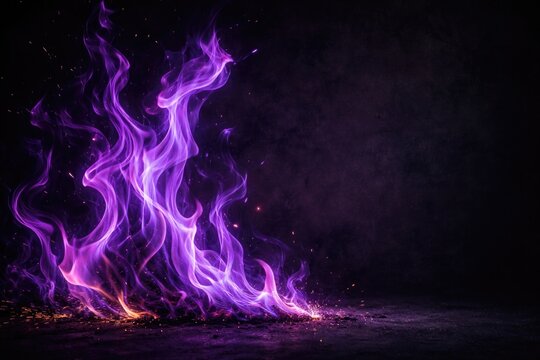 Vibrant purple flames dancing over a dark textured background with copy space