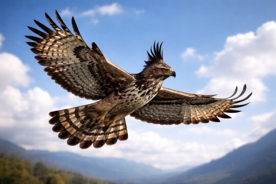 Majestic crested bird of prey soaring in daylight
