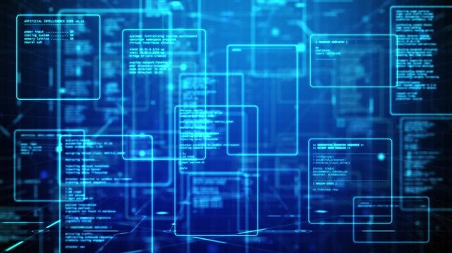 Abstract digital network interface with data connections and fictional code elements on a blue technology grid background, futuristic data system concept