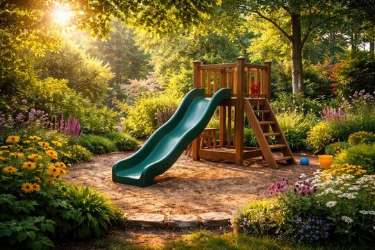 Serene outdoor play area with a children's slide surrounded by vibrant garden greenery and warm sunlight