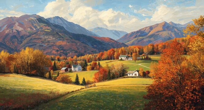 Vibrant fall landscape oil painting of a calm rural village set in colorful autumn mountains
