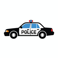 Fototapeta premium Black and white sedan with blue windows, police text, and red/blue lights