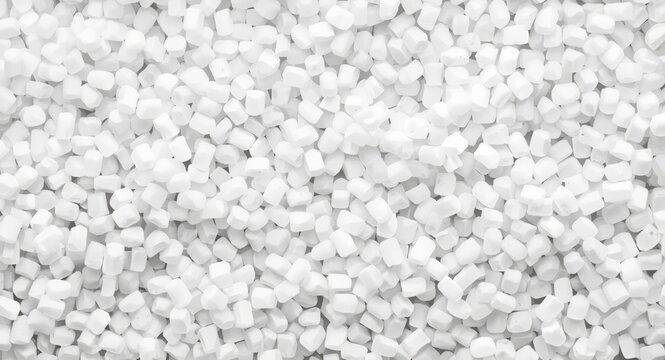 White plastic resin granules representing PET polymer base material
