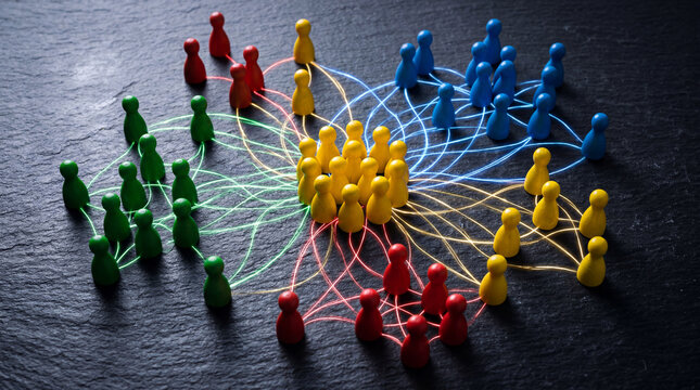 Global Networking Concept with Colorful Pawn Figures and Connection Lines
