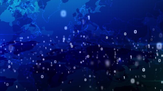 Blue digital data stream with binary numbers and glowing particles flying forward, futuristic technology background, big data network video overlay template