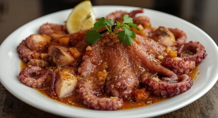 Fototapeta premium Pulpo a feira plate displaying octopus pieces with traditional flavors