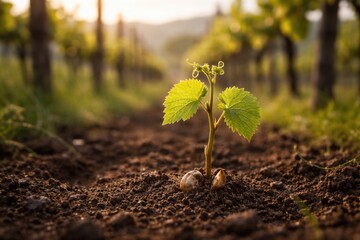 Naklejka premium Young grapevine plant emerging from seedling in a vineyard setting