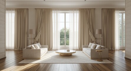 Fototapeta premium Living area featuring designer drapes framing wide living room windows