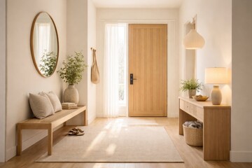 Fototapeta premium Minimalist entryway glowing with natural light and elegant wooden accents in soft neutral shades