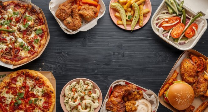 Top view of assorted takeout meals including pizza, fried chicken, burgers, and sides on dark wood with copy space